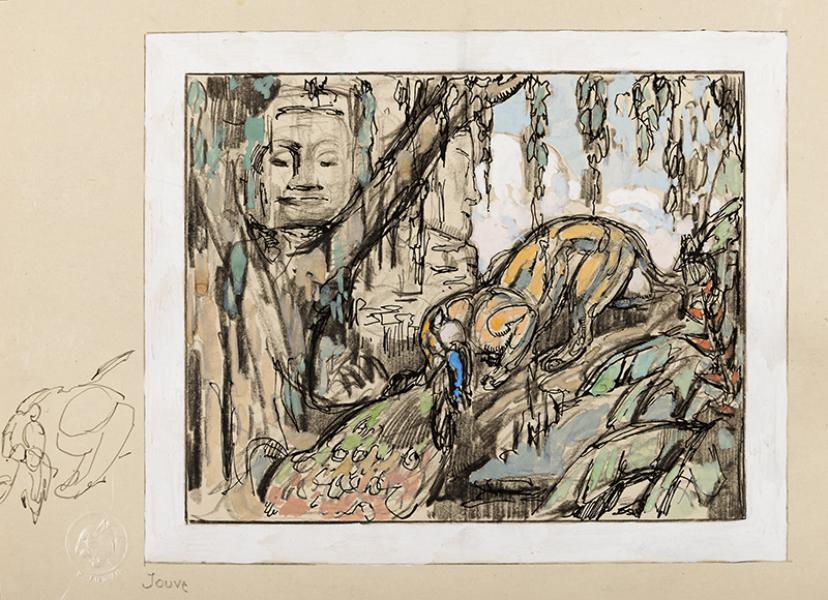 Panthère et paon devant le Bayon, Angkor, vers 1920