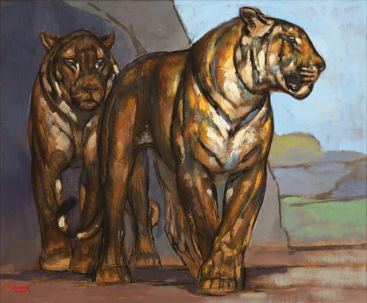 Deux tigres marchant en avant, tête à gauche, c. 1935