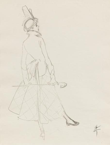 Elégante à la canne, de dos.